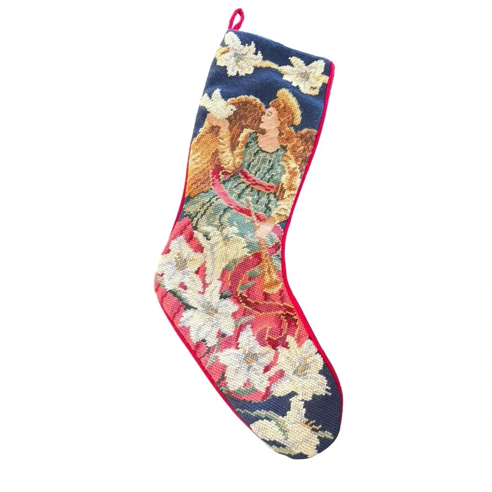 Needlepoint Christmas Stocking Angels‎ candles Wool Red Velvet
